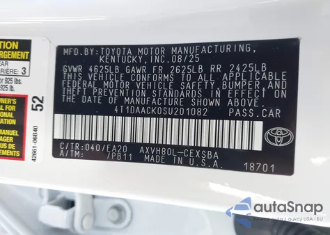 2025 Toyota Camry Se from USA, damaged, VIN 4T1DAACK0SU201082